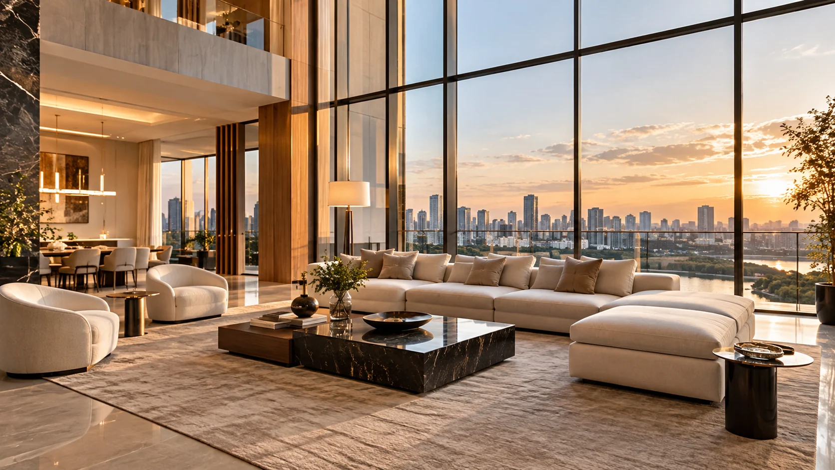 Sala com pé-direito duplo e janelas panorâmicas